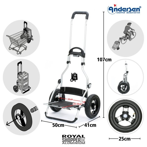 Shoppingvagn Andersen Royal 8X Hydro DeLux 3.0 med uppblåsbara gummihjul Ø 25 cm, svart